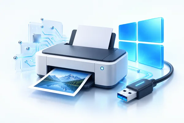 Máy in, cáp USB và biểu tượng Windows minh họa chuyên mục driver và Windows