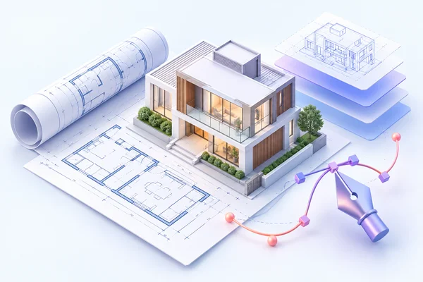 Mô hình nhà 3D, bản vẽ CAD và các lớp thiết kế minh họa file thiết kế