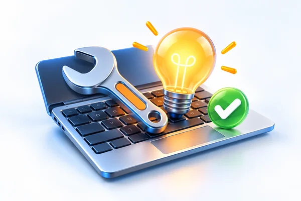 Laptop, cờ lê và bóng đèn minh họa thủ thuật, sửa lỗi và mẹo máy tính